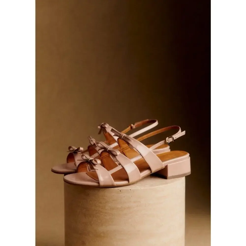 Sezane Nude Sandals Women’s 40 9 Low Evie Light Pink Patent Leather Bow
